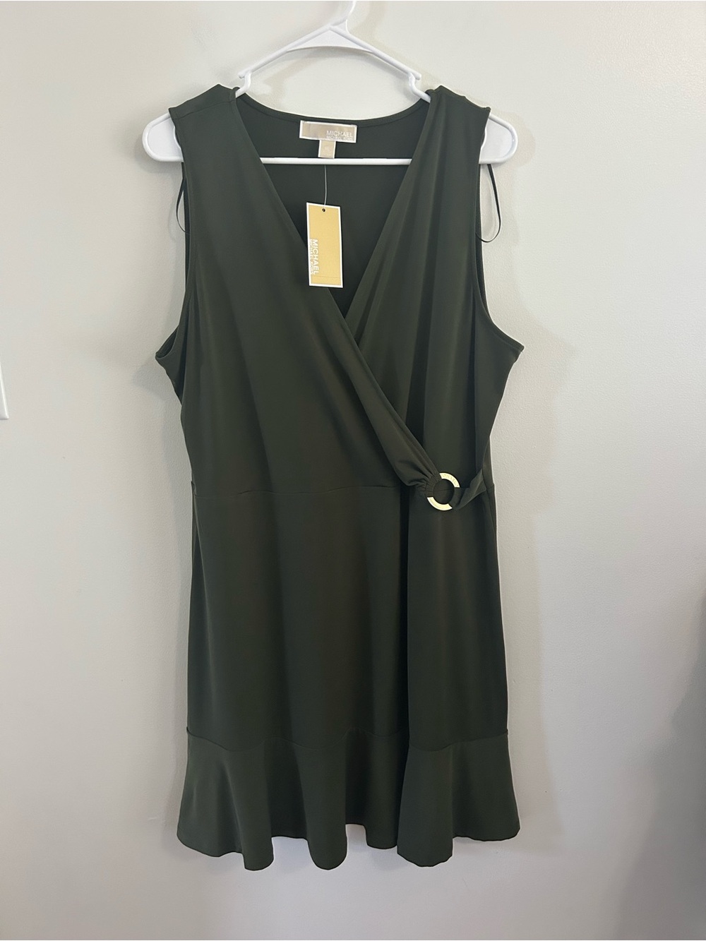 Michael Kors Womens XL Olive Green Wrap Dress Gold Accent V-neck $110 NWT